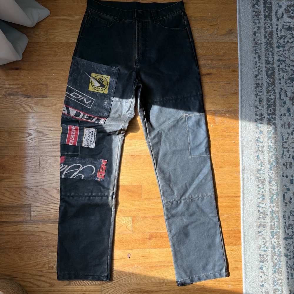 Zara Men Black Coated Pants 31 Racing Graphic Patchwork Y2K Streetwear